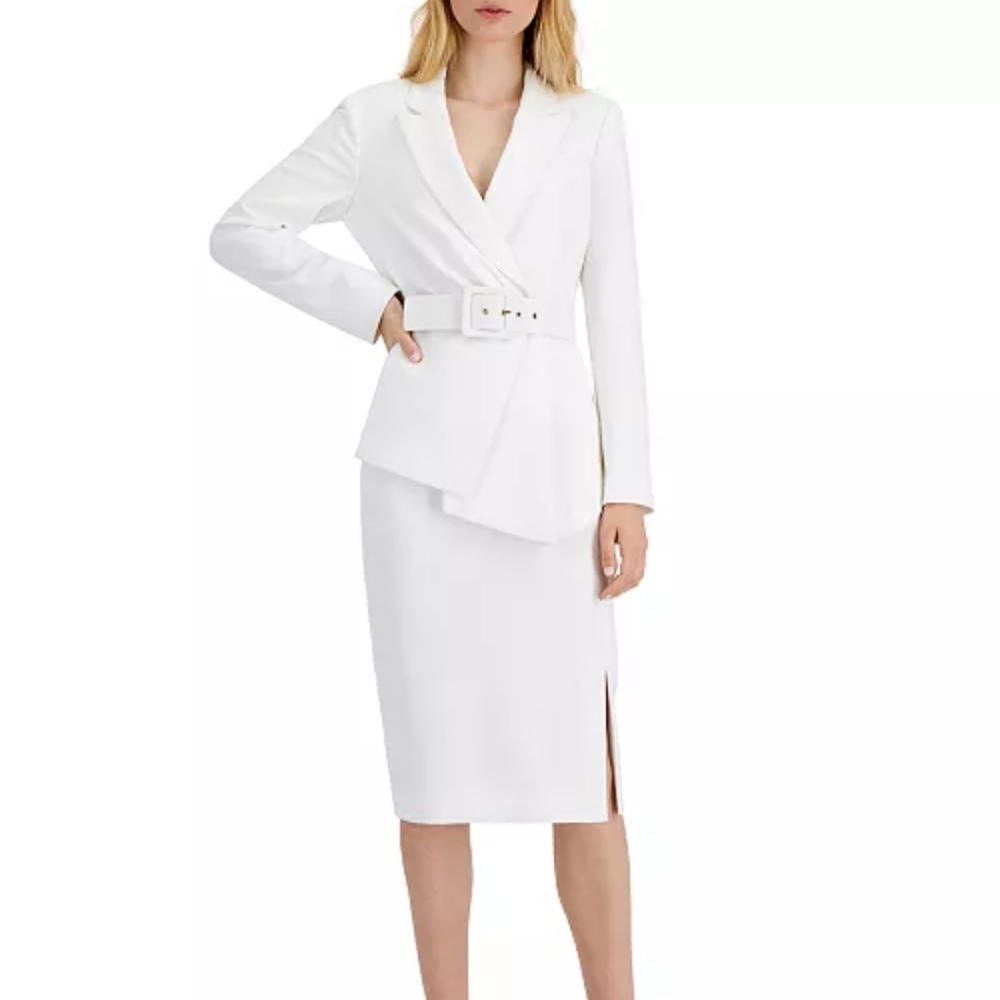 Tahari Pebble Crepe ivory belted skirt suit